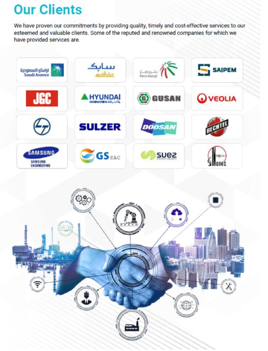 Our Clients — Saudi Aramco, SABIC, Saipem, JGC, Hyundai, Veolia, Bechtel, Doosan, Samsung Engineering and more